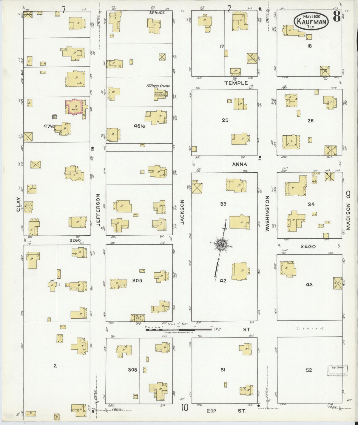 Sanborn Fire Insurance Map from Kaufman, Kaufman County, Texas (1920), Sheet #0008 - Complete Map Set gallery image, historic Sanborn map, vintage wall art, Texas Texas