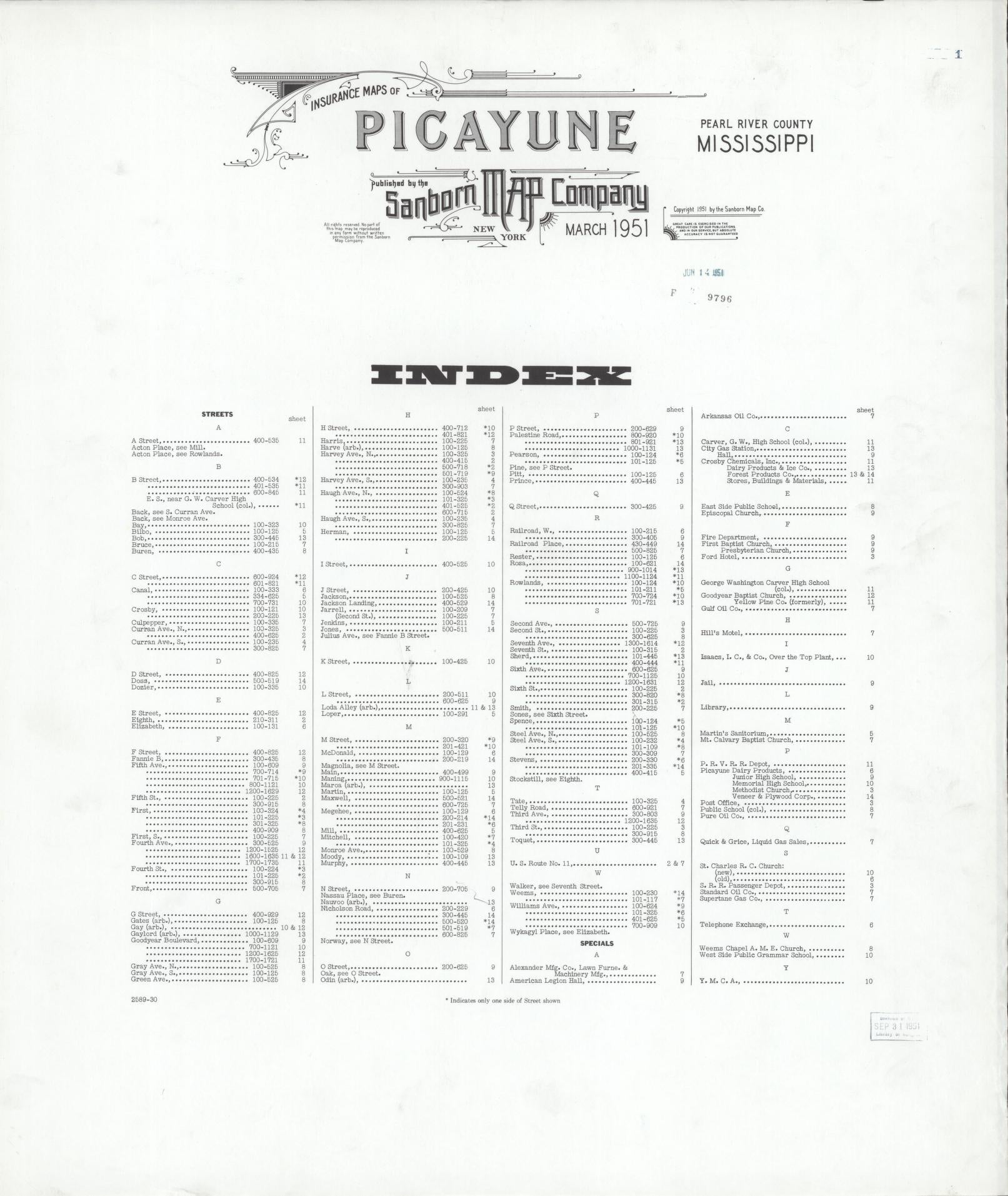 Sanborn Fire Insurance Map from Picayune, Pearl River County, Mississippi (1951), Sheet #0001 - Historic Sanborn Fire Insurance Map Print, vintage old map wall art, antique decor, genealogy gift, Mississippi Mississippi map
