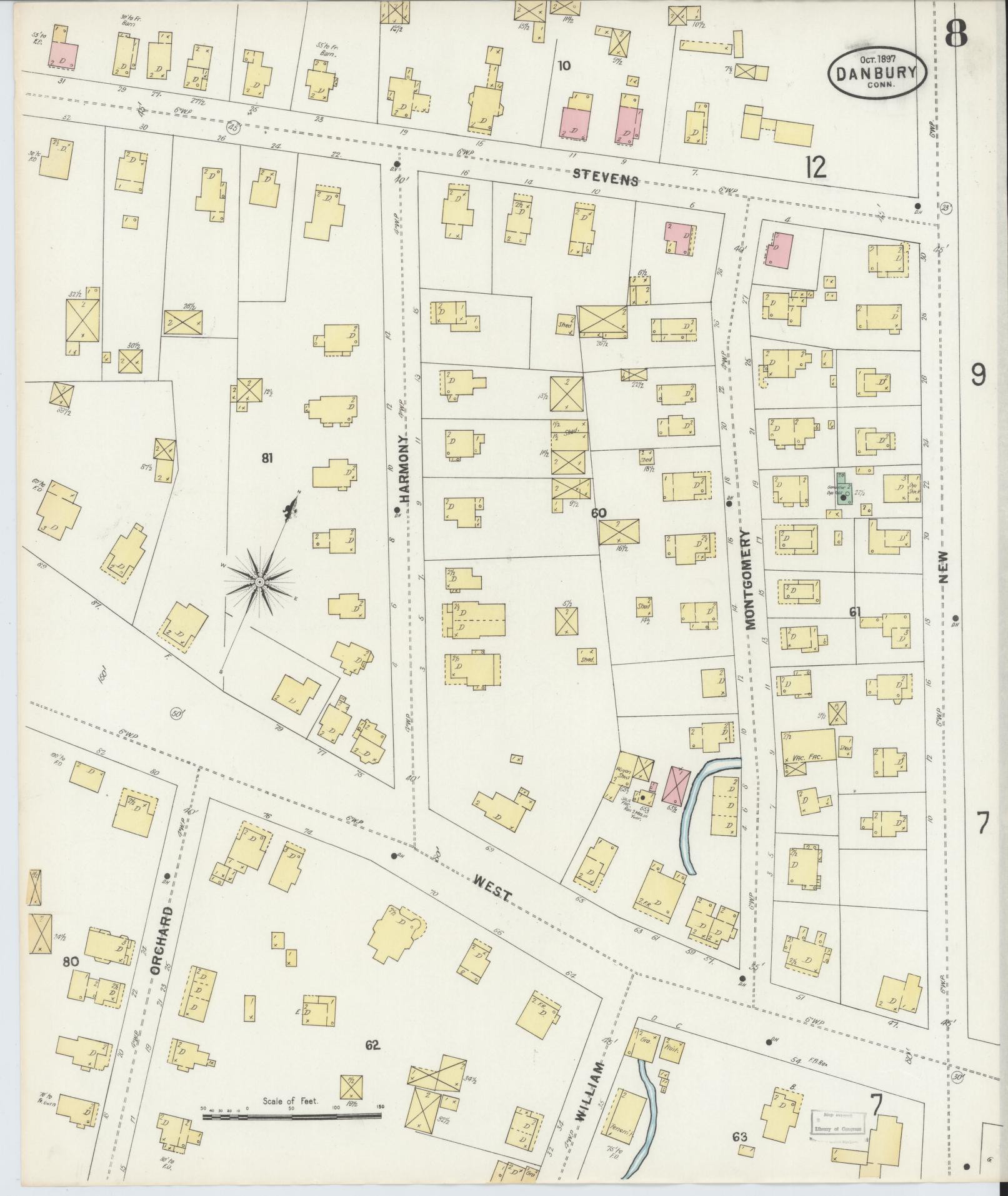 Sanborn Fire Insurance Map from Danbury, Fairfield County, Connecticut (1897), Sheet #0008 - Complete Map Set gallery image, historic Sanborn map, vintage wall art, Connecticut Connecticut