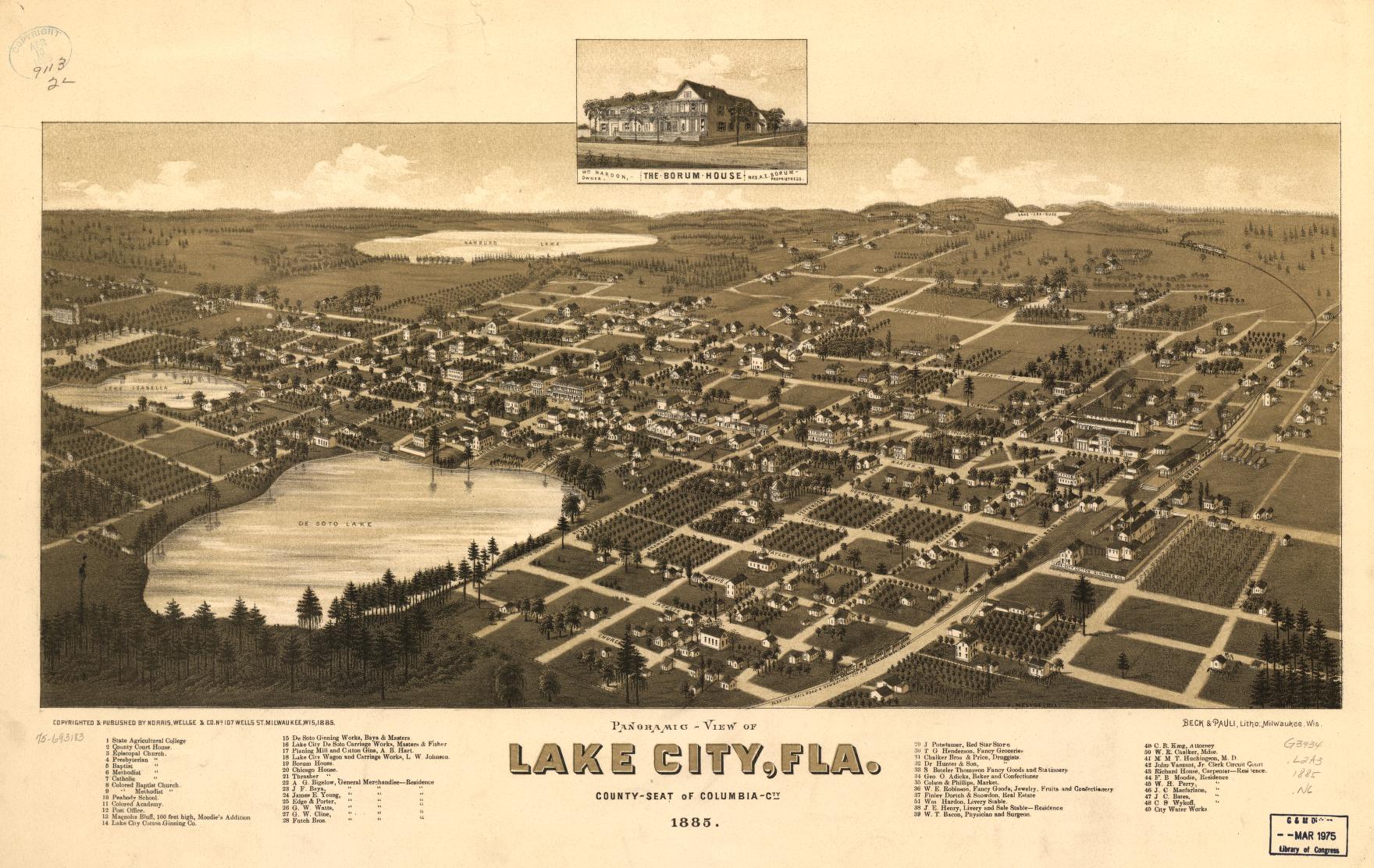 Panoramic-view of Lake City, Fla. county seat of Columbia Cty. 1885. (1885) – Historic Bird’s-Eye View Panorama Print