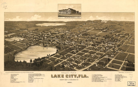 Panoramic-view of Lake City, Fla. county seat of Columbia Cty. 1885. (1885) – Historic Bird’s-Eye View Panorama Print