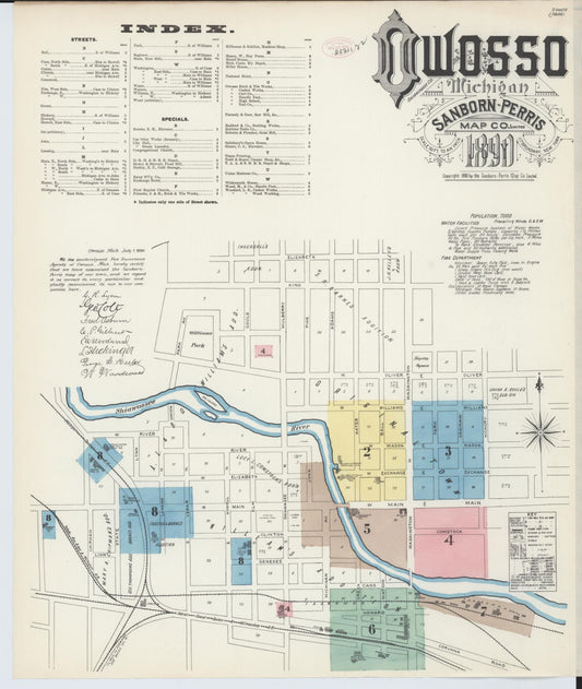 Sanborn Fire Insurance Map from Owosso, Shiawassee County, Michigan (1890), Sheet #0001 - Historic Sanborn Fire Insurance Map Print, vintage old map wall art, antique decor, genealogy gift, Michigan Michigan map