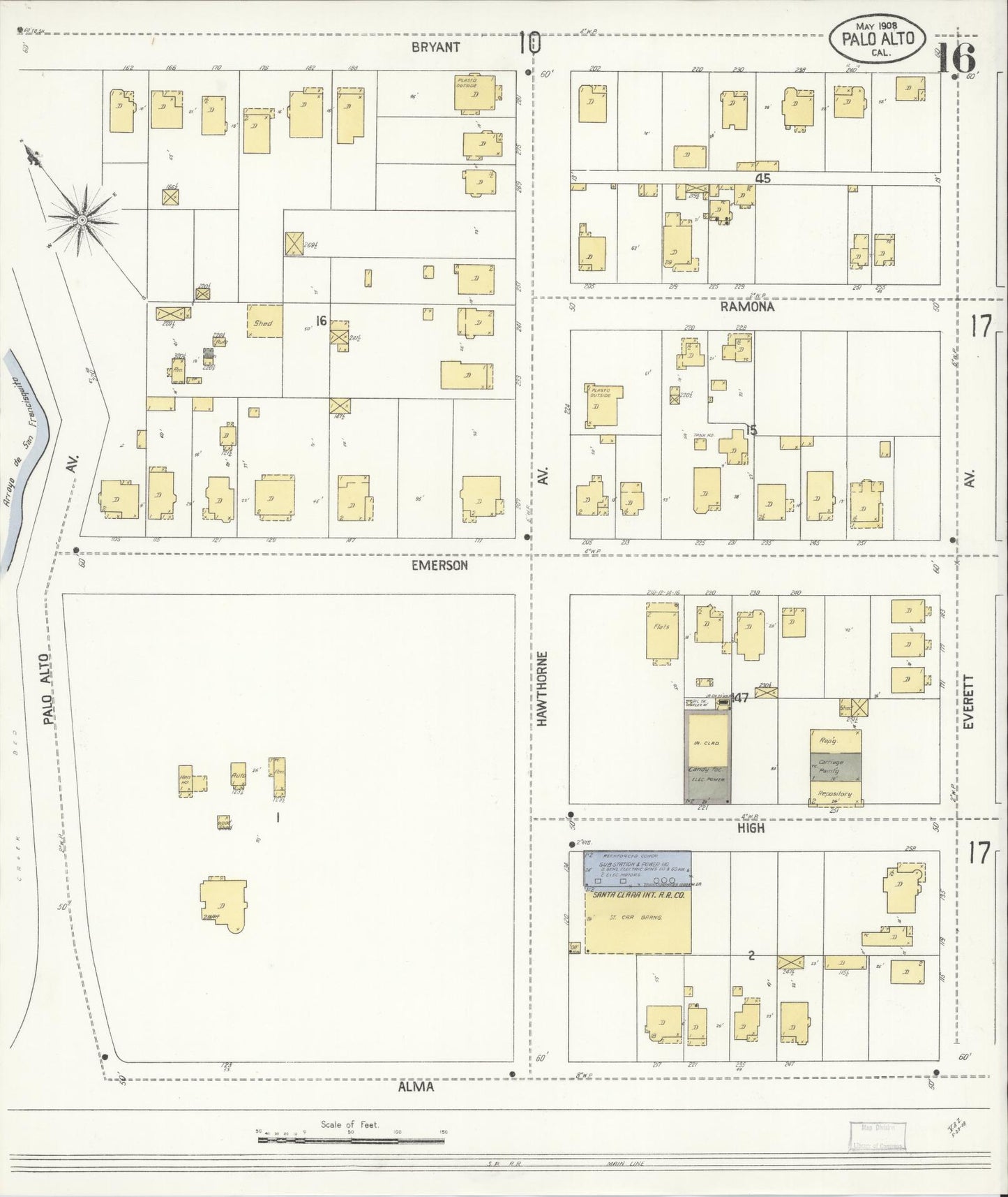 Sanborn Fire Insurance Map from Palo Alto, Santa Clara County, California (1908), Sheet #0016 - Complete Map Set gallery image, historic Sanborn map, vintage wall art, California California