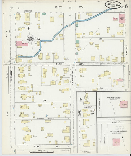 Sanborn Fire Insurance Map from Columbia, Maury County, Tennessee (1891), Sheet #0006 - Historic Sanborn Fire Insurance Map Print, vintage old map wall art, antique decor, genealogy gift, Tennessee Tennessee map