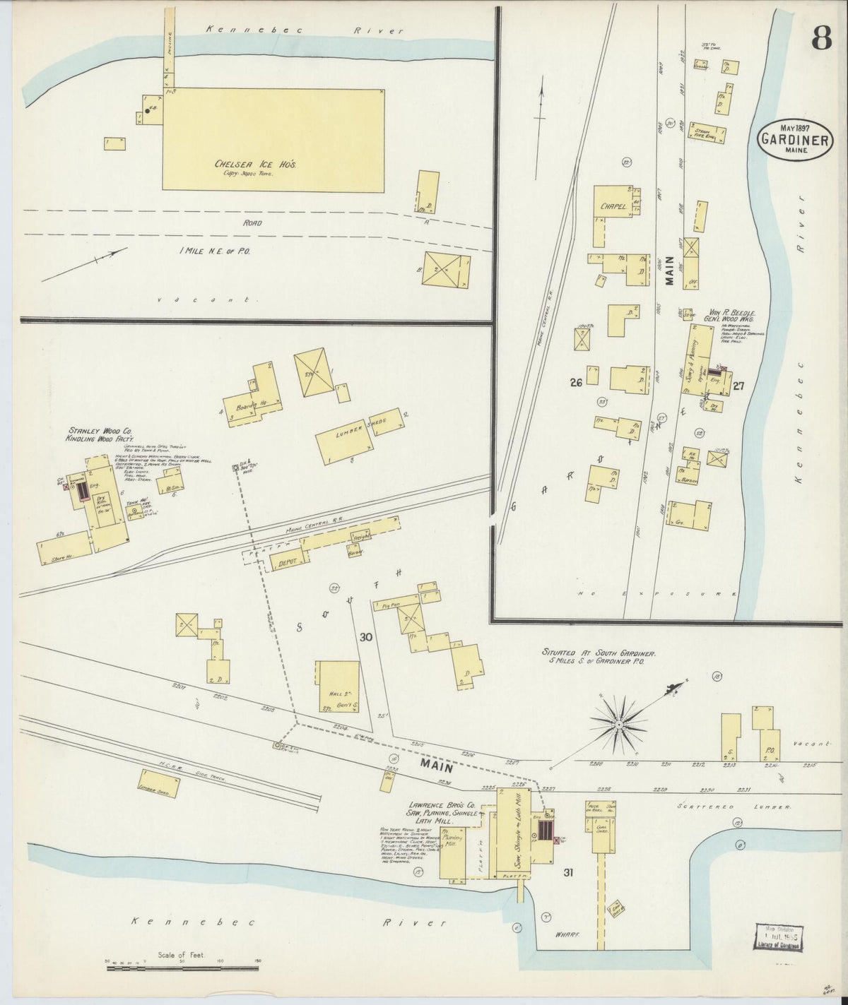 Sanborn Fire Insurance Map from Gardiner, Kennebec County, Maine (1897), Sheet #0008 - Complete Map Set gallery image, historic Sanborn map, vintage wall art, Maine Maine
