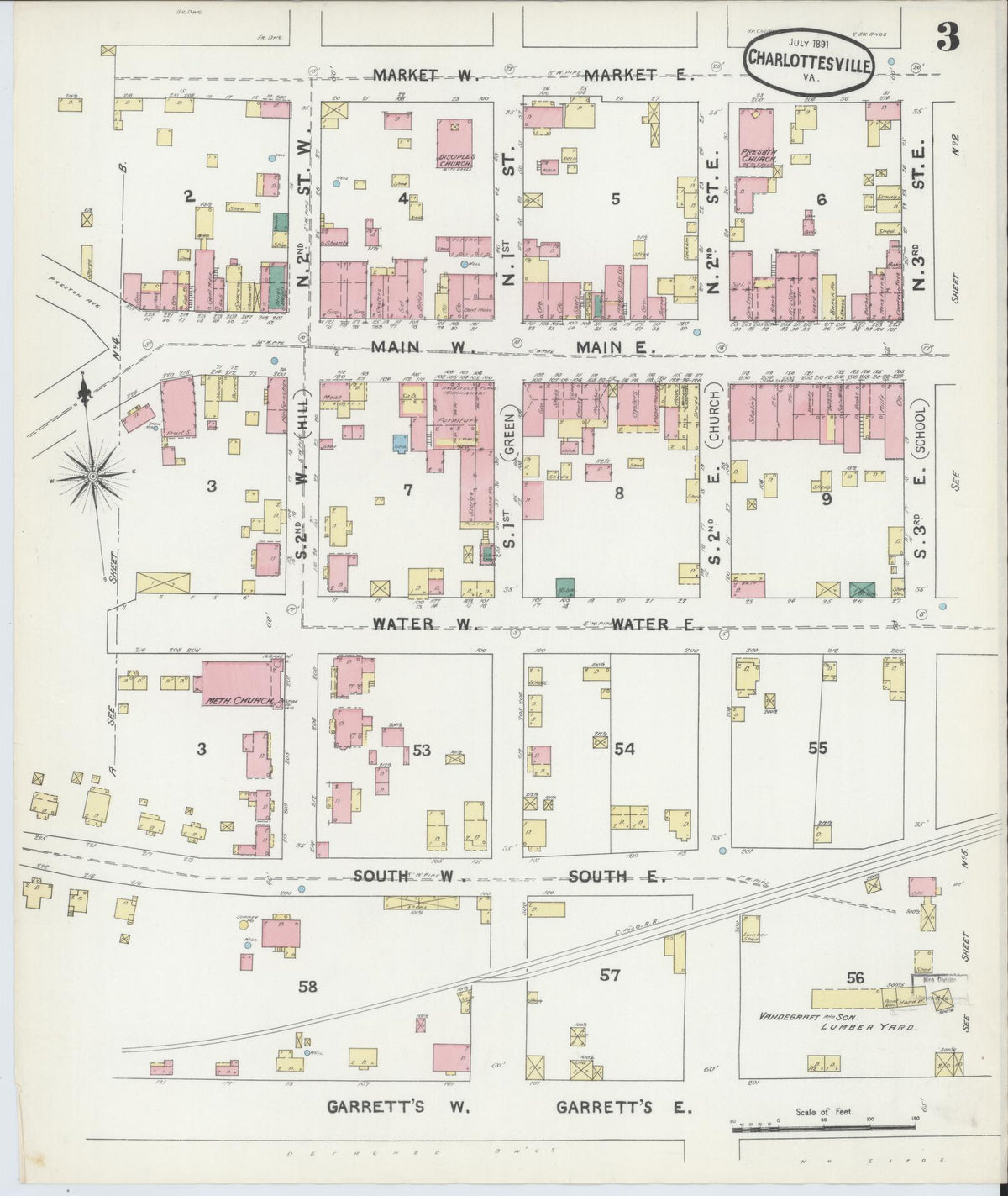 Sanborn Fire Insurance Map from Charlottesville, Independent Cities, Virginia (1891), Sheet #0003 - Historic Sanborn Fire Insurance Map Print, vintage old map wall art, antique decor, genealogy gift, Virginia Virginia map