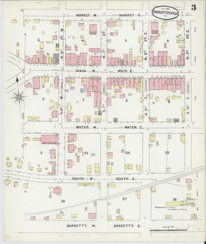 Sanborn Fire Insurance Map from Charlottesville, Independent Cities, Virginia (1891), Sheet #0003 - Historic Sanborn Fire Insurance Map Print, vintage old map wall art, antique decor, genealogy gift, Virginia Virginia map