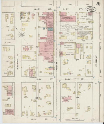 Sanborn Fire Insurance Map from Waco, McLennan County, Texas (1885), Sheet #0008 - Complete Map Set gallery image, historic Sanborn map, vintage wall art, Texas Texas