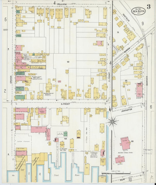 Sanborn Fire Insurance Map from New Bern, Craven County, North Carolina (1904), Sheet #0003 - Historic Sanborn Fire Insurance Map Print, vintage old map wall art, antique decor, genealogy gift, North Carolina North Carolina map