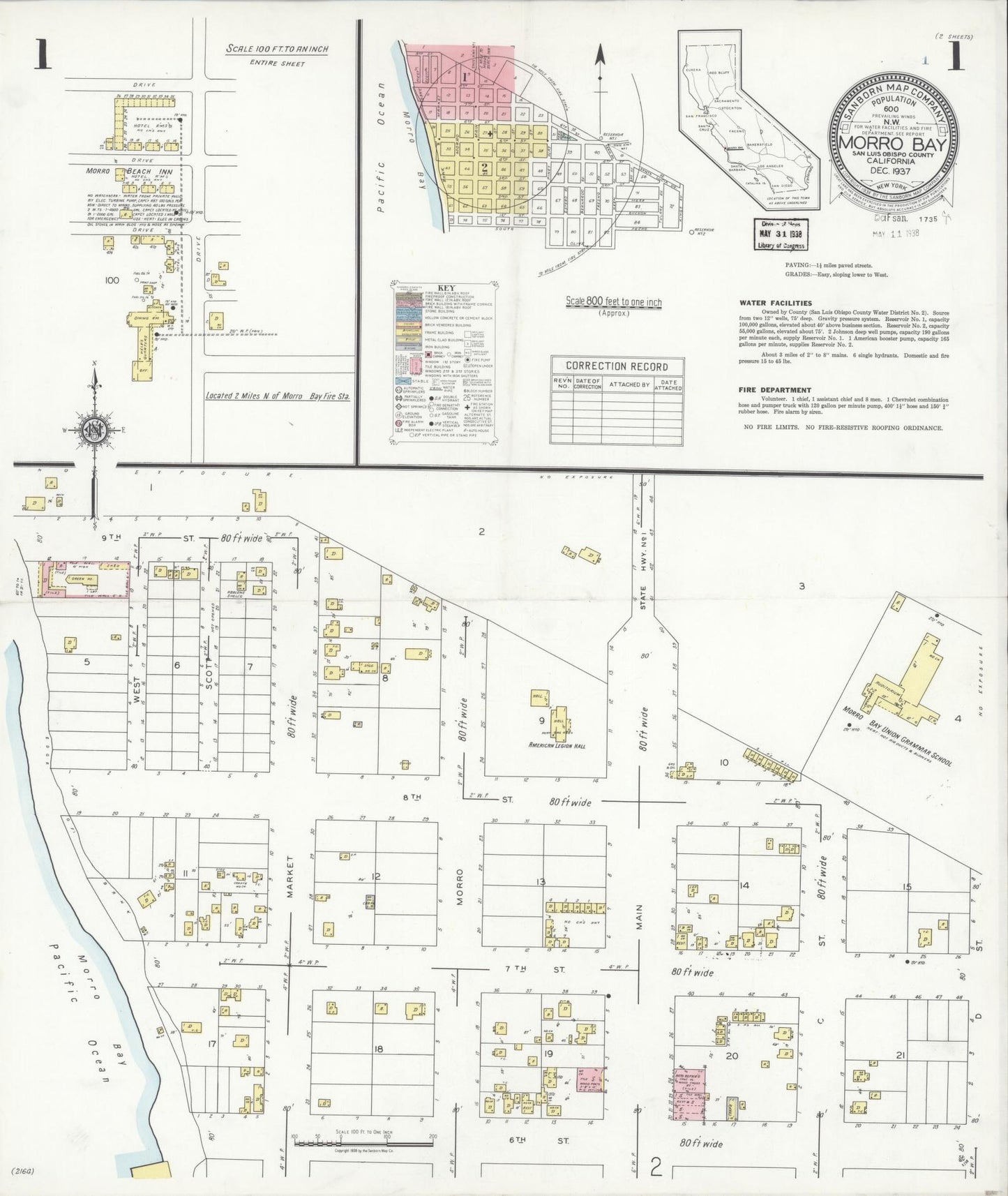Sanborn Fire Insurance Map from Morro Bay, San Luis Obispo County, California (1937), Sheet #0001 - Historic Sanborn Fire Insurance Map Print, vintage old map wall art, antique decor, genealogy gift, California California map