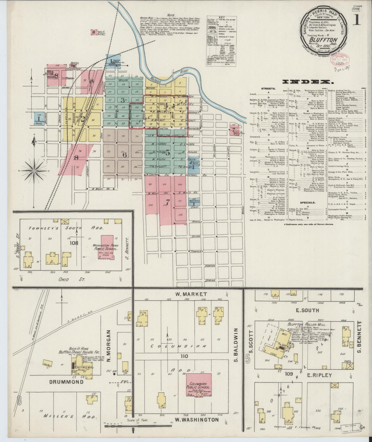 Sanborn Fire Insurance Map from Bluffton, Wells County, Indiana (1895), Sheet #0001 - Historic Sanborn Fire Insurance Map Print, vintage old map wall art, antique decor, genealogy gift, Indiana Indiana map