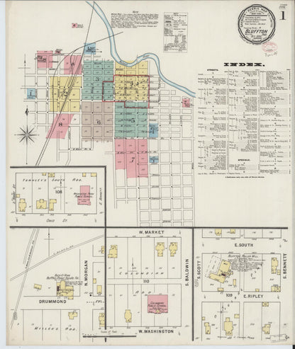 Sanborn Fire Insurance Map from Bluffton, Wells County, Indiana (1895), Sheet #0001 - Historic Sanborn Fire Insurance Map Print, vintage old map wall art, antique decor, genealogy gift, Indiana Indiana map