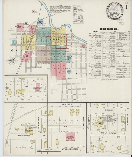 Sanborn Fire Insurance Map from Bluffton, Wells County, Indiana (1895), Sheet #0001 - Historic Sanborn Fire Insurance Map Print, vintage old map wall art, antique decor, genealogy gift, Indiana Indiana map