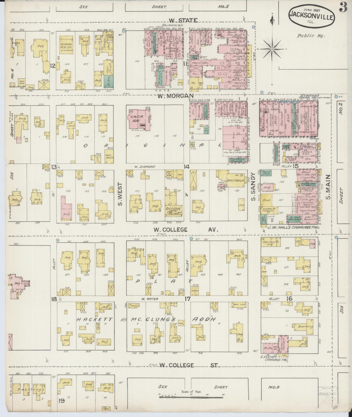 Sanborn Fire Insurance Map from Jacksonville, Morgan County, Illinois (1887), Sheet #0003 - Complete Map Set gallery image, historic Sanborn map, vintage wall art, Illinois Illinois
