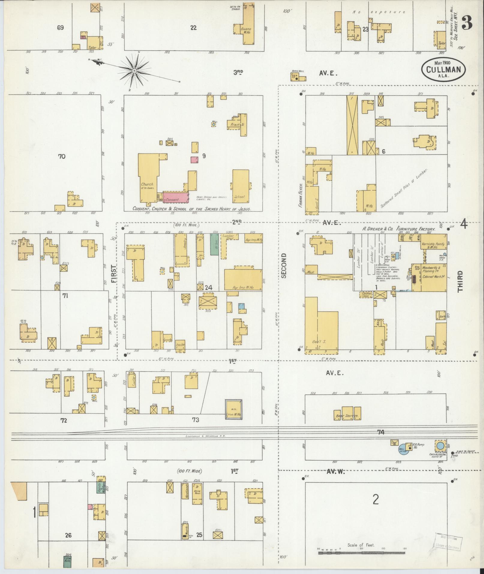 Sanborn Fire Insurance Map from Cullman, Cullman County, Alabama (1900), Sheet #0003 - Historic Sanborn Fire Insurance Map Print, vintage old map wall art, antique decor, genealogy gift, Alabama Alabama map