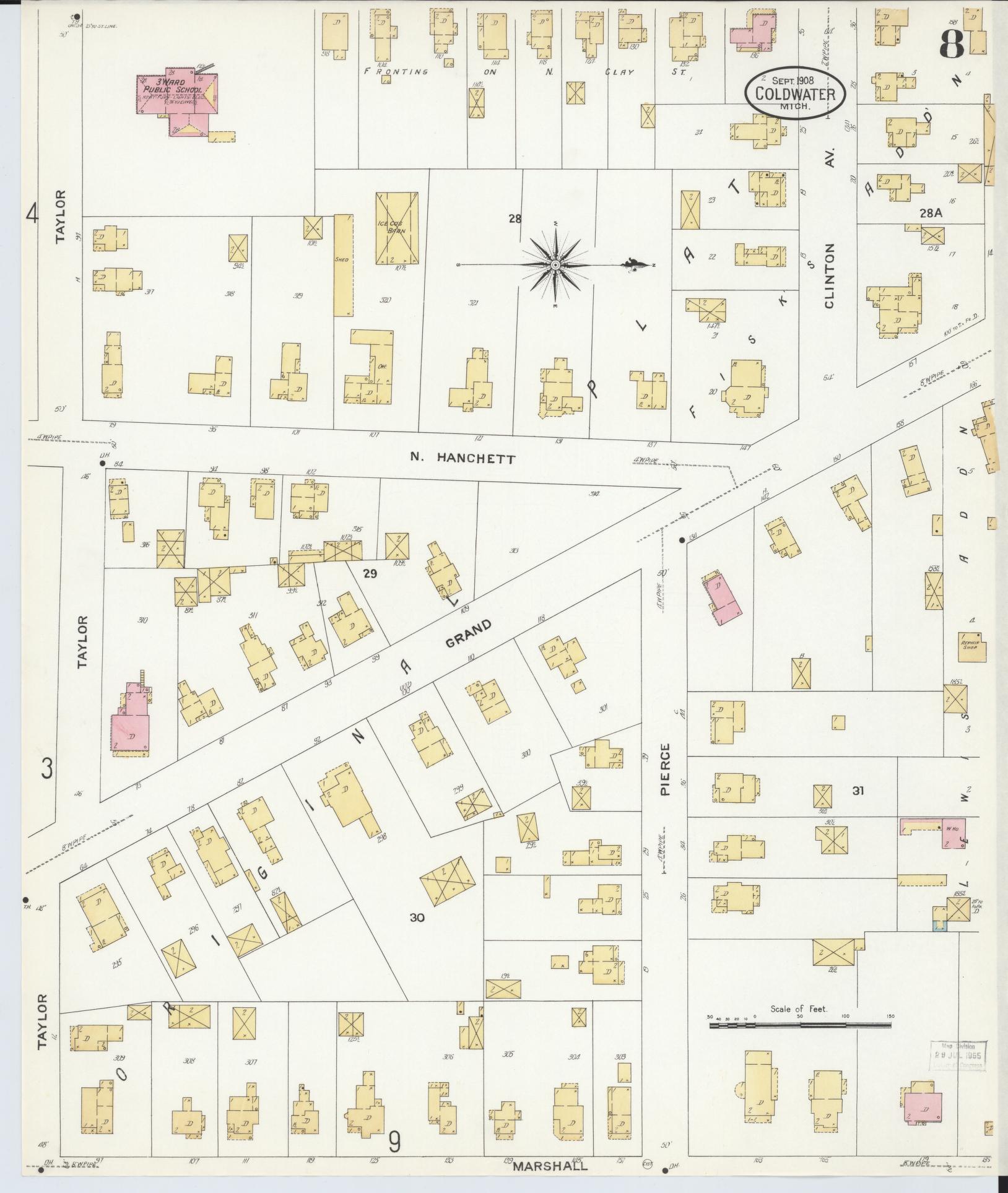 Sanborn Fire Insurance Map from Coldwater, Branch County, Michigan (1908), Sheet #0008 - Historic Sanborn Fire Insurance Map Print, vintage old map wall art, antique decor, genealogy gift, Michigan Michigan map