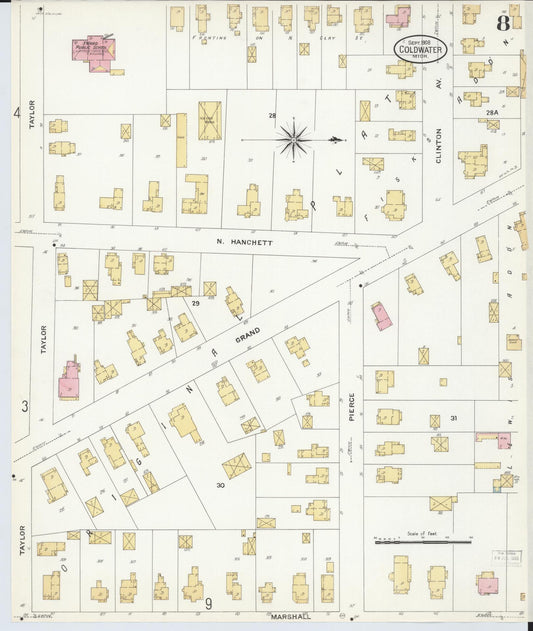 Sanborn Fire Insurance Map from Coldwater, Branch County, Michigan (1908), Sheet #0008 - Historic Sanborn Fire Insurance Map Print, vintage old map wall art, antique decor, genealogy gift, Michigan Michigan map