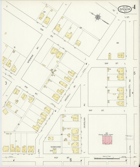 Sanborn Fire Insurance Map from Spencer, Rowan County, North Carolina (1913), Sheet #0004 - Historic Sanborn Fire Insurance Map Print, vintage old map wall art, antique decor, genealogy gift, North Carolina North Carolina map