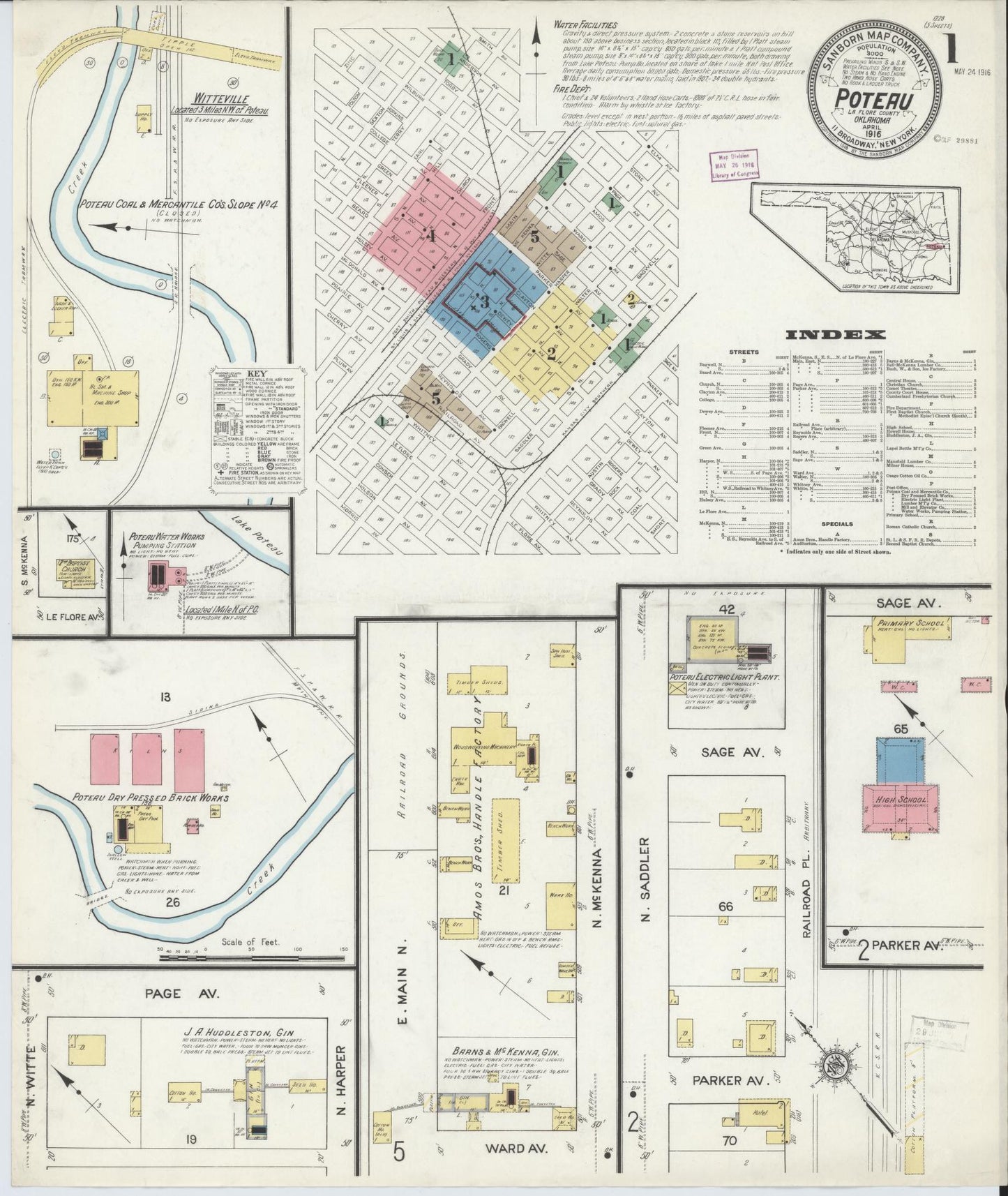Sanborn Fire Insurance Map from Poteau, Le Flore County, Oklahoma (1916), Sheet #0001 - Historic Sanborn Fire Insurance Map Print, vintage old map wall art, antique decor, genealogy gift, Oklahoma Oklahoma map