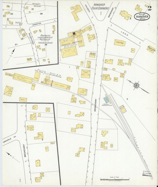 Sanborn Fire Insurance Map from Hanover, Plymouth County, Massachusetts (1917), Sheet #0002 - Historic Sanborn Fire Insurance Map Print, vintage old map wall art, antique decor, genealogy gift, Massachusetts Massachusetts map