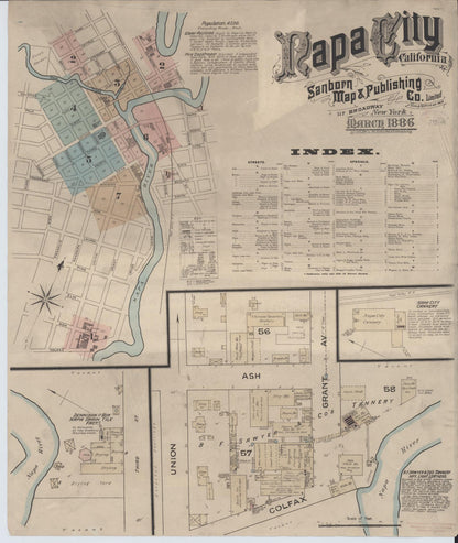 Sanborn Fire Insurance Map from Napa, Napa County, California (1886), Sheet #0001 - Historic Sanborn Fire Insurance Map Print, vintage old map wall art, antique decor, genealogy gift, California California map