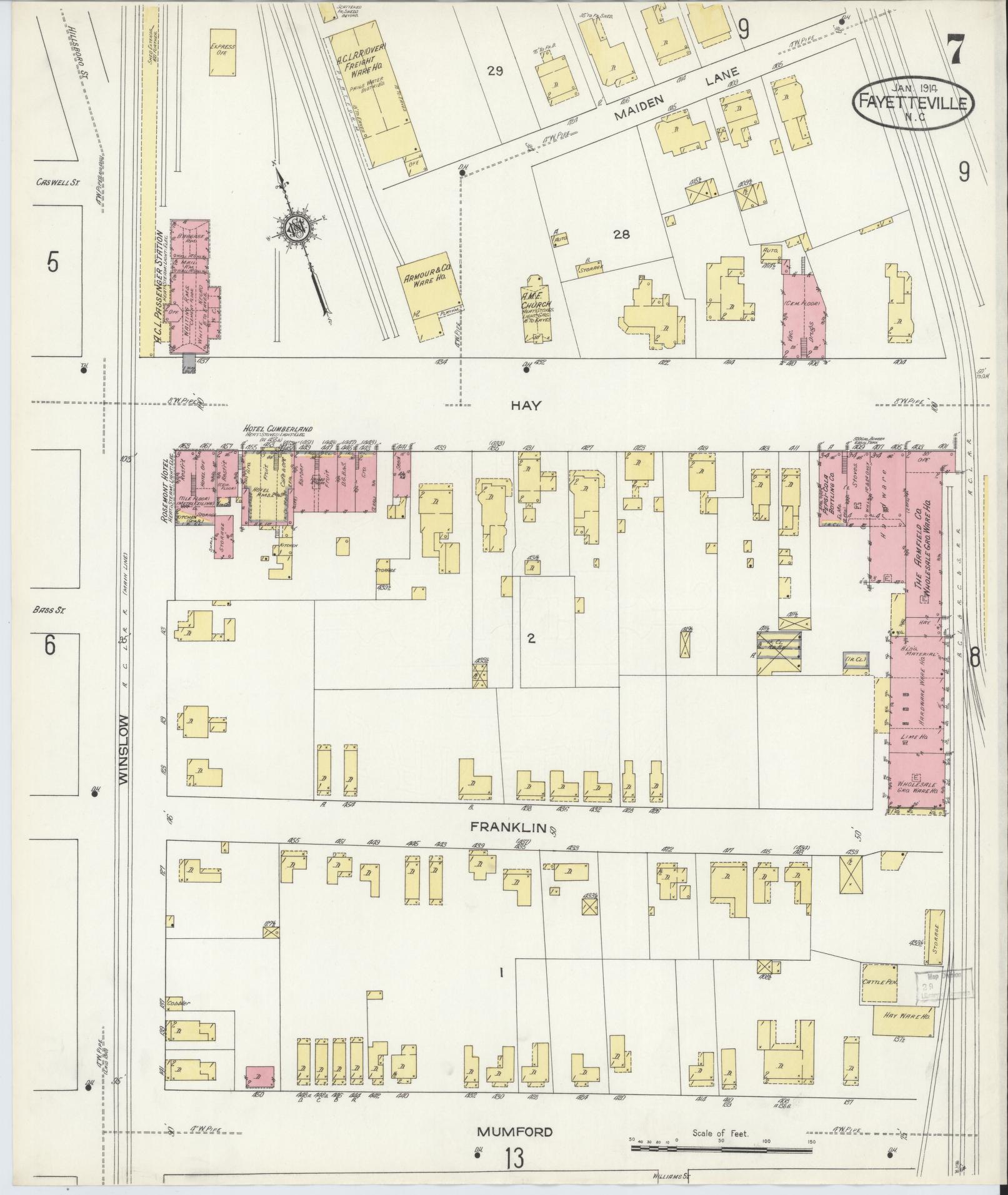 Sanborn Fire Insurance Map from Fayetteville, Cumberland County, North Carolina (1914), Sheet #0007 - Historic Sanborn Fire Insurance Map Print, vintage old map wall art, antique decor, genealogy gift, North Carolina North Carolina map
