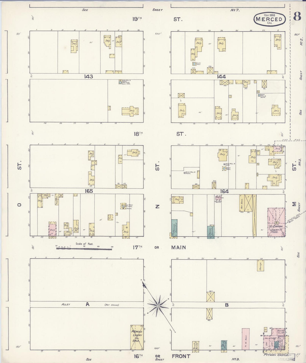 Sanborn Fire Insurance Map from Merced, Merced County, California (1888), Sheet #0008 - Complete Map Set gallery image, historic Sanborn map, vintage wall art, California California