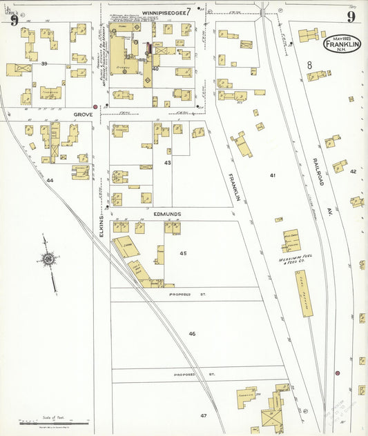 Sanborn Fire Insurance Map from Franklin, Merrimack County, New Hampshire (1923), Sheet #0009 - Historic Sanborn Fire Insurance Map Print, vintage old map wall art, antique decor, genealogy gift, New Hampshire New Hampshire map