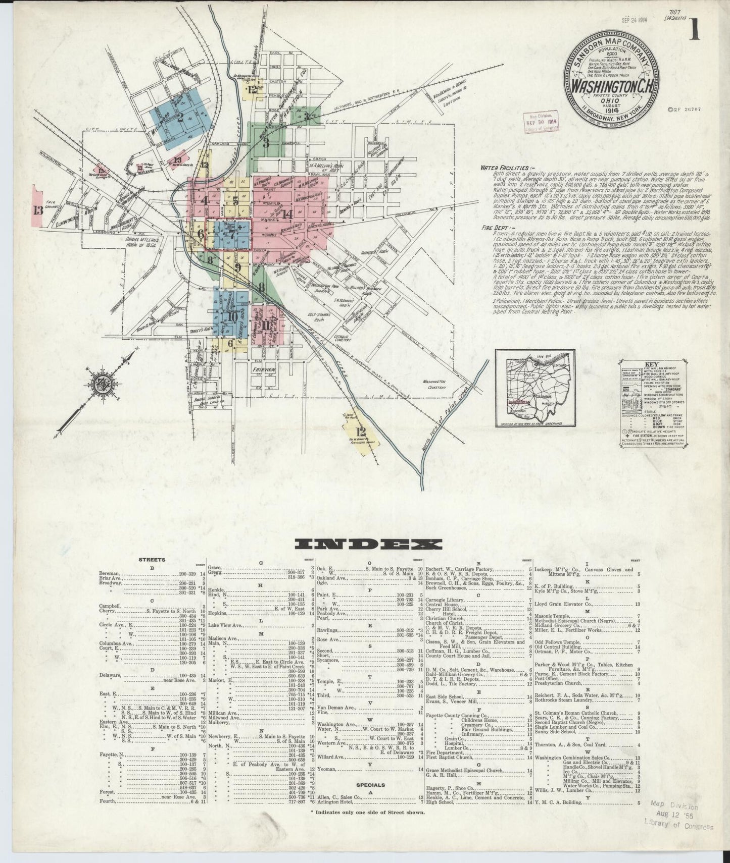 Sanborn Fire Insurance Map from Washington Court House, Fayette County, Ohio (1914), Sheet #0001 - Historic Sanborn Fire Insurance Map Print, vintage old map wall art, antique decor, genealogy gift, Ohio Ohio map