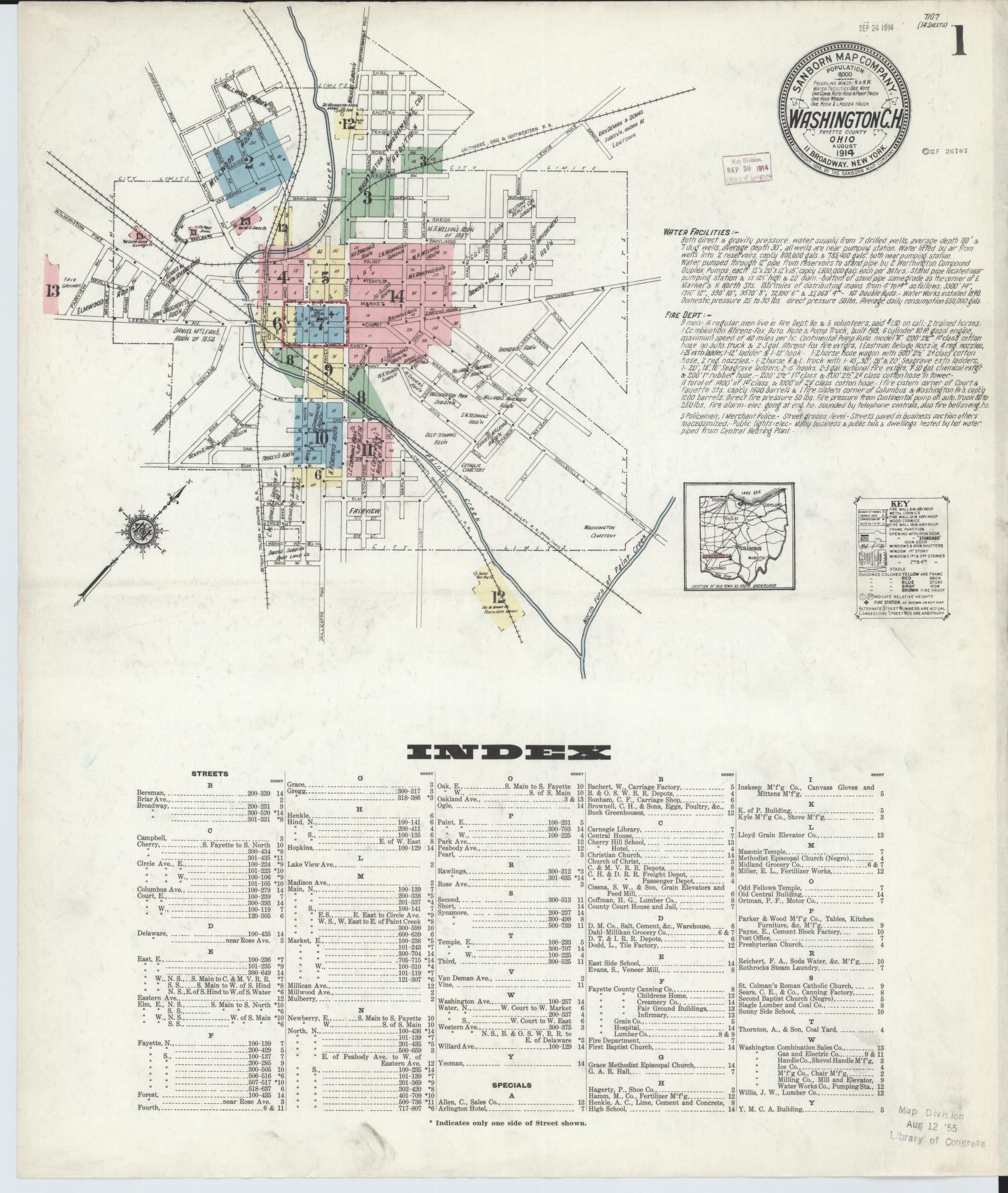Sanborn Fire Insurance Map from Washington Court House, Fayette County, Ohio (1914), Sheet #0001 - Historic Sanborn Fire Insurance Map Print, vintage old map wall art, antique decor, genealogy gift, Ohio Ohio map