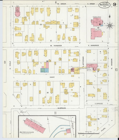 Sanborn Fire Insurance Map from Marshall, Calhoun County, Michigan (1906), Sheet #0009 - Historic Sanborn Fire Insurance Map Print, vintage old map wall art, antique decor, genealogy gift, Michigan Michigan map