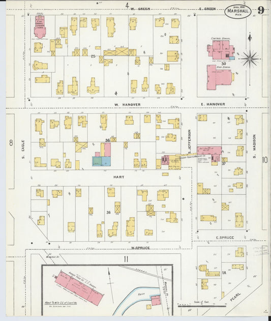 Sanborn Fire Insurance Map from Marshall, Calhoun County, Michigan (1906), Sheet #0009 - Historic Sanborn Fire Insurance Map Print, vintage old map wall art, antique decor, genealogy gift, Michigan Michigan map