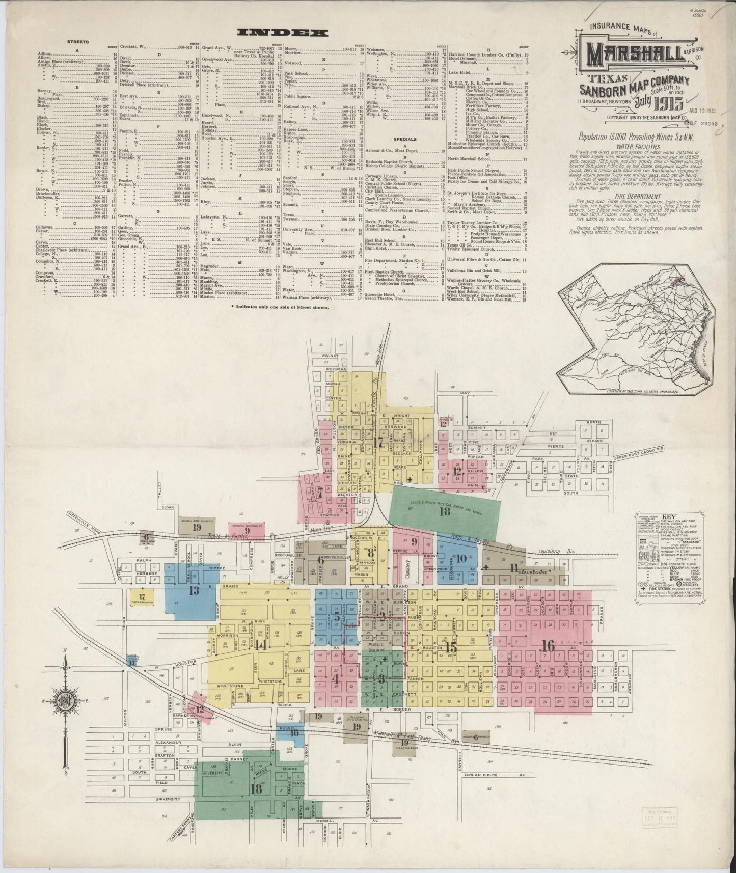 Sanborn Fire Insurance Map from Marshall, Harrison County, Texas (1915), Sheet #0001 - Historic Sanborn Fire Insurance Map Print, vintage old map wall art, antique decor, genealogy gift, Texas Texas map