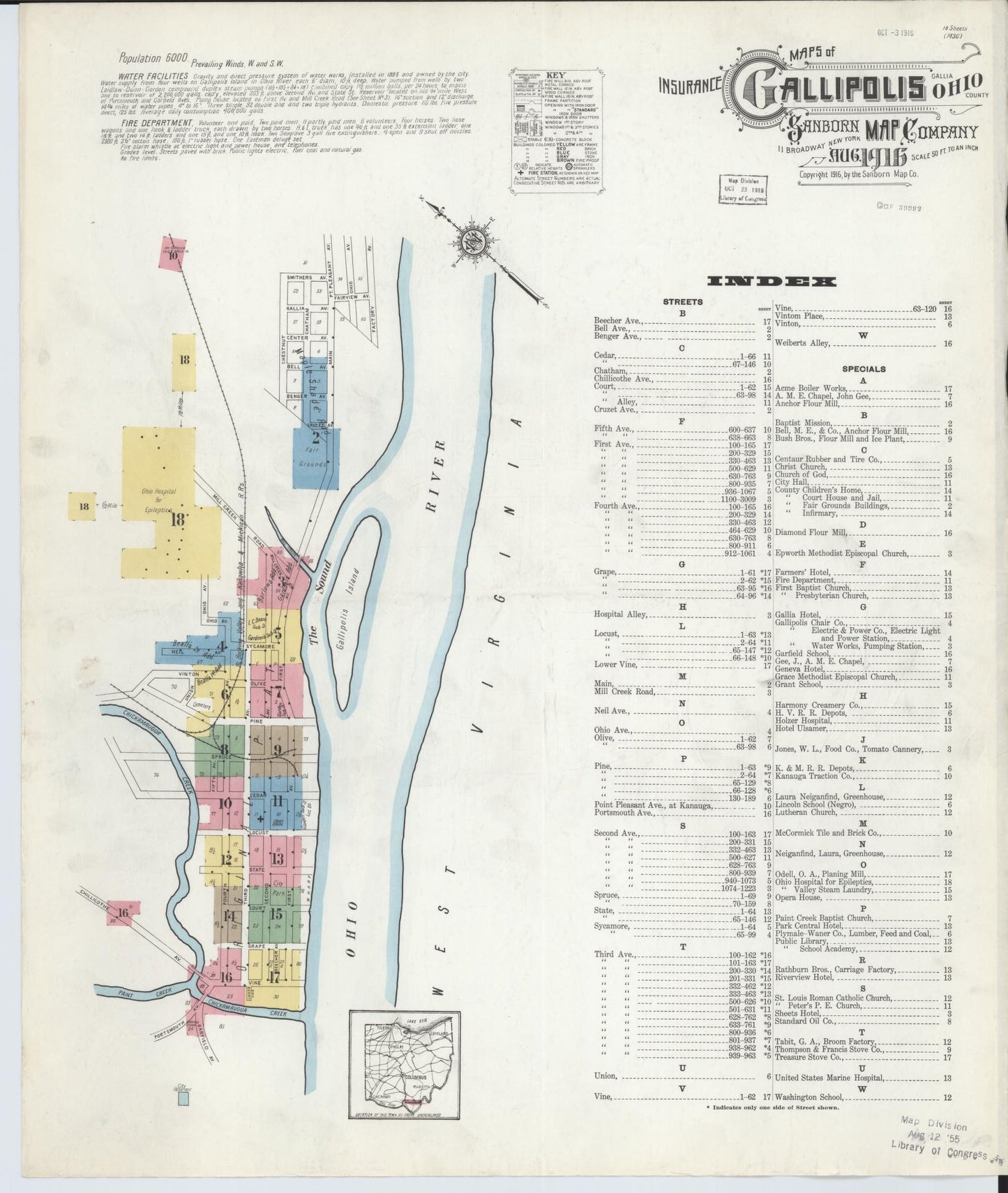 Sanborn Fire Insurance Map from Gallipolis, Gallia County, Ohio (1916), Sheet #0001 - Historic Sanborn Fire Insurance Map Print, vintage old map wall art, antique decor, genealogy gift, Ohio Ohio map