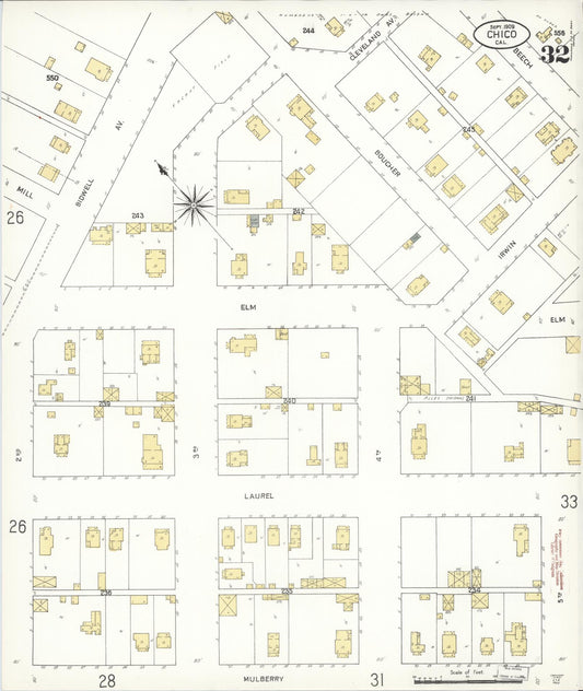 Sanborn Fire Insurance Map from Chico, Butte County, California (1909), Sheet #0032 - Historic Sanborn Fire Insurance Map Print, vintage old map wall art, antique decor, genealogy gift, California California map