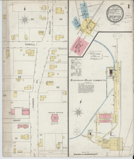 Sanborn Fire Insurance Map from Brewton, Escambia County, Alabama (1893), Sheet #0001 - Historic Sanborn Fire Insurance Map Print, vintage old map wall art, antique decor, genealogy gift, Alabama Alabama map