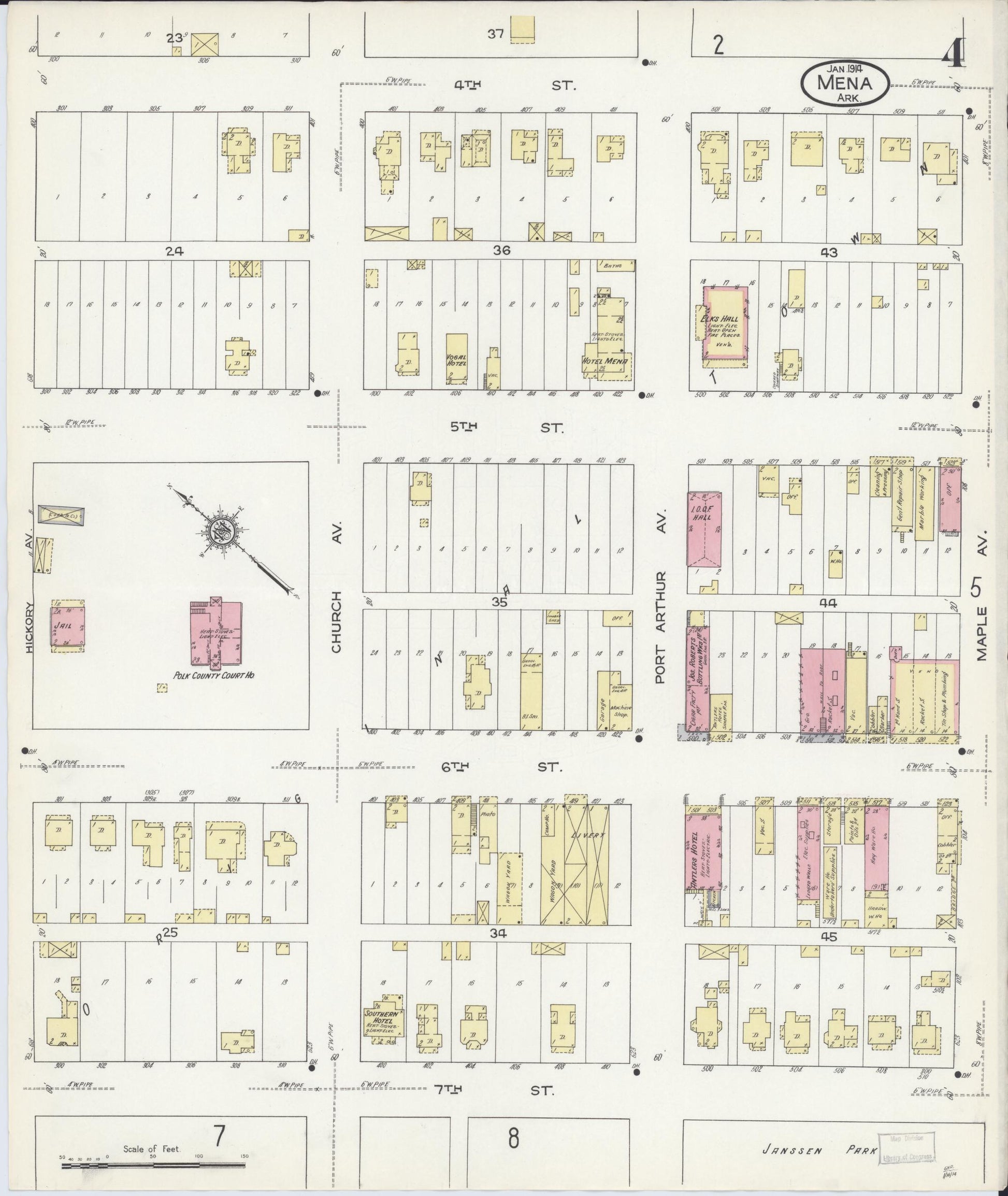 Sanborn Fire Insurance Map from Mena, Polk County, Arkansas (1914), Sheet #0004 - Historic Sanborn Fire Insurance Map Print, vintage old map wall art, antique decor, genealogy gift, Arkansas Arkansas map