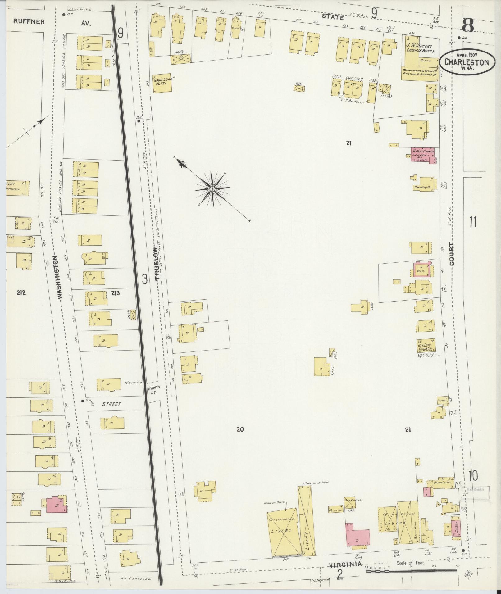 Sanborn Fire Insurance Map from Charleston, Kanawha County, West Virginia (1907), Sheet #0008 - Historic Sanborn Fire Insurance Map Print, vintage old map wall art, antique decor, genealogy gift, West Virginia West Virginia map