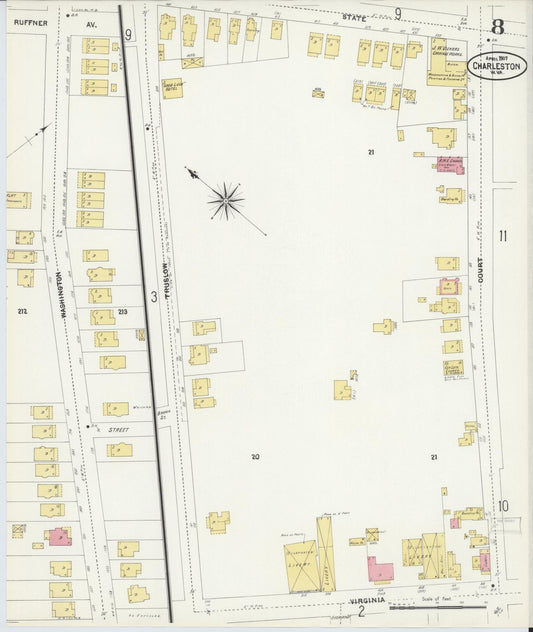 Sanborn Fire Insurance Map from Charleston, Kanawha County, West Virginia (1907), Sheet #0008 - Historic Sanborn Fire Insurance Map Print, vintage old map wall art, antique decor, genealogy gift, West Virginia West Virginia map