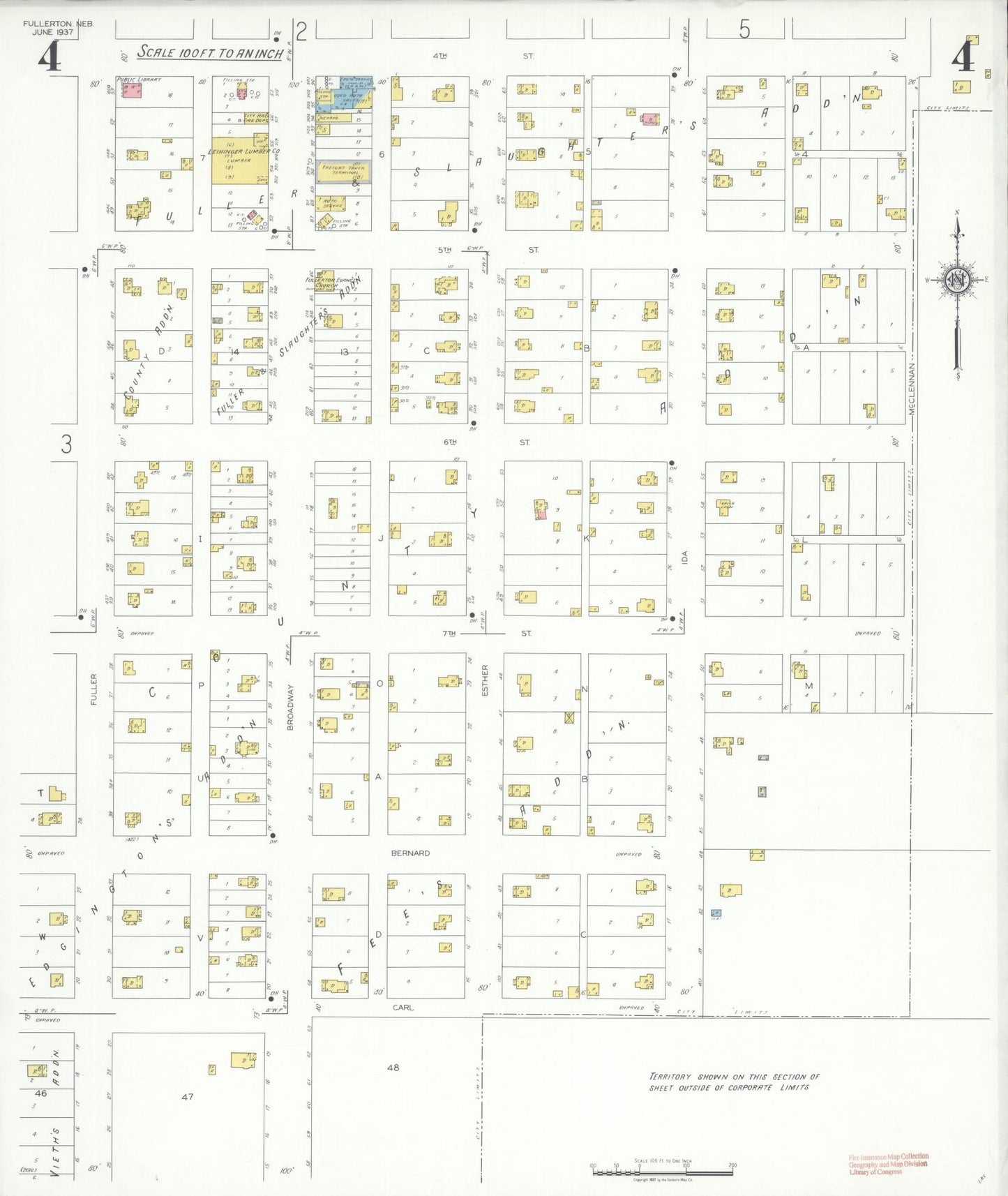 Sanborn Fire Insurance Map from Fullerton, Nance County, Nebraska (1937), Sheet #0004 - Complete Map Set gallery image, historic Sanborn map, vintage wall art, Nebraska Nebraska