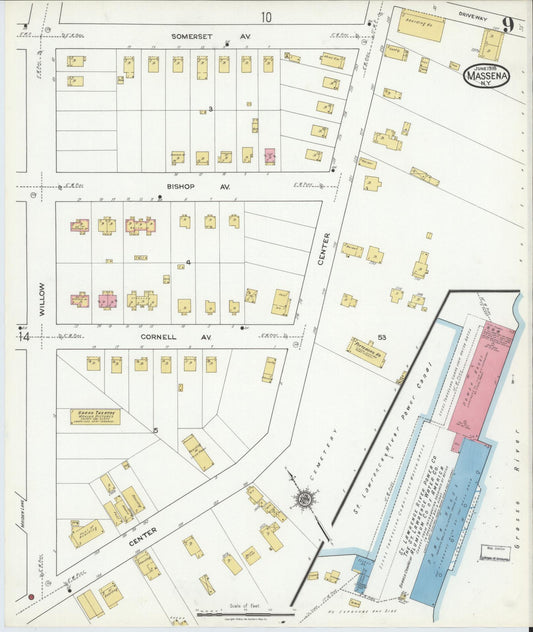 Sanborn Fire Insurance Map from Massena, St. Lawrence County, New York (1918), Sheet #0009 - Historic Sanborn Fire Insurance Map Print, vintage old map wall art, antique decor, genealogy gift, New York New York map