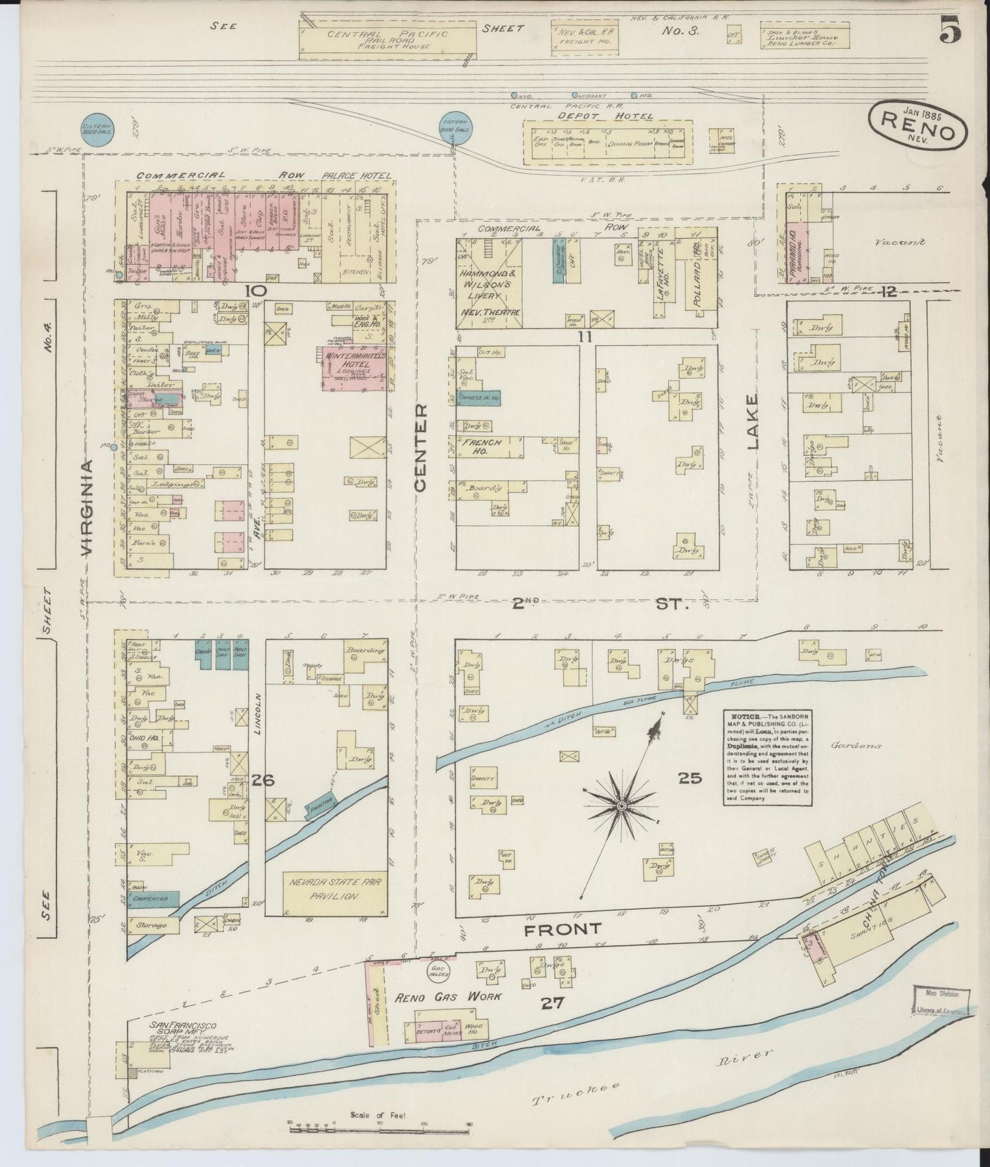 Sanborn Fire Insurance Map from Reno, Washoe County, Nevada (1885), Sheet #0005 - Complete Map Set gallery image, historic Sanborn map, vintage wall art, Nevada Nevada