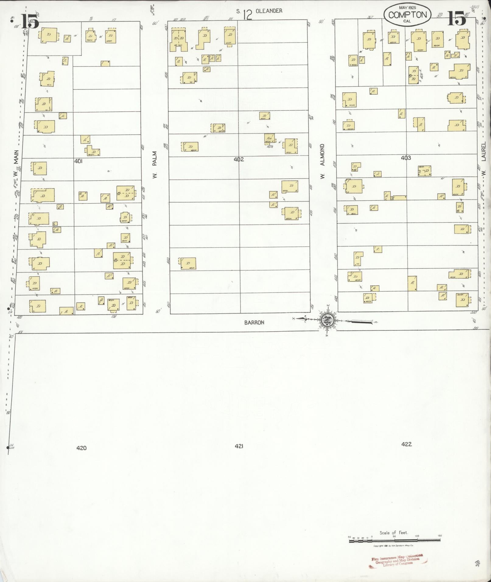 Sanborn Fire Insurance Map from Compton, Los Angeles County, California (1925), Sheet #0015 - Complete Map Set gallery image, historic Sanborn map, vintage wall art, California California