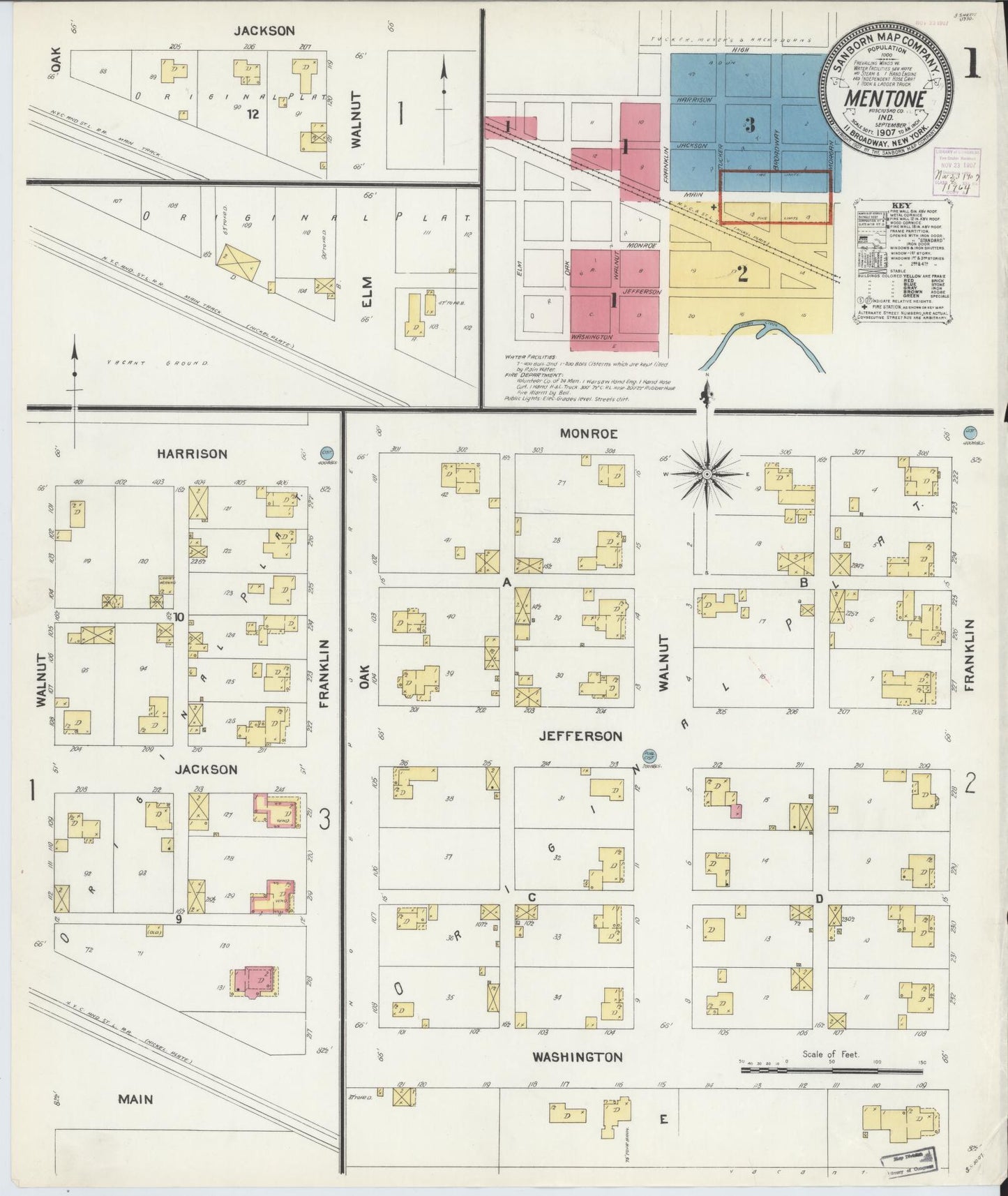Sanborn Fire Insurance Map from Mentone, Kosciusko County, Indiana (1907), Sheet #0001 - Complete Map Set gallery image, historic Sanborn map, vintage wall art, Indiana Indiana