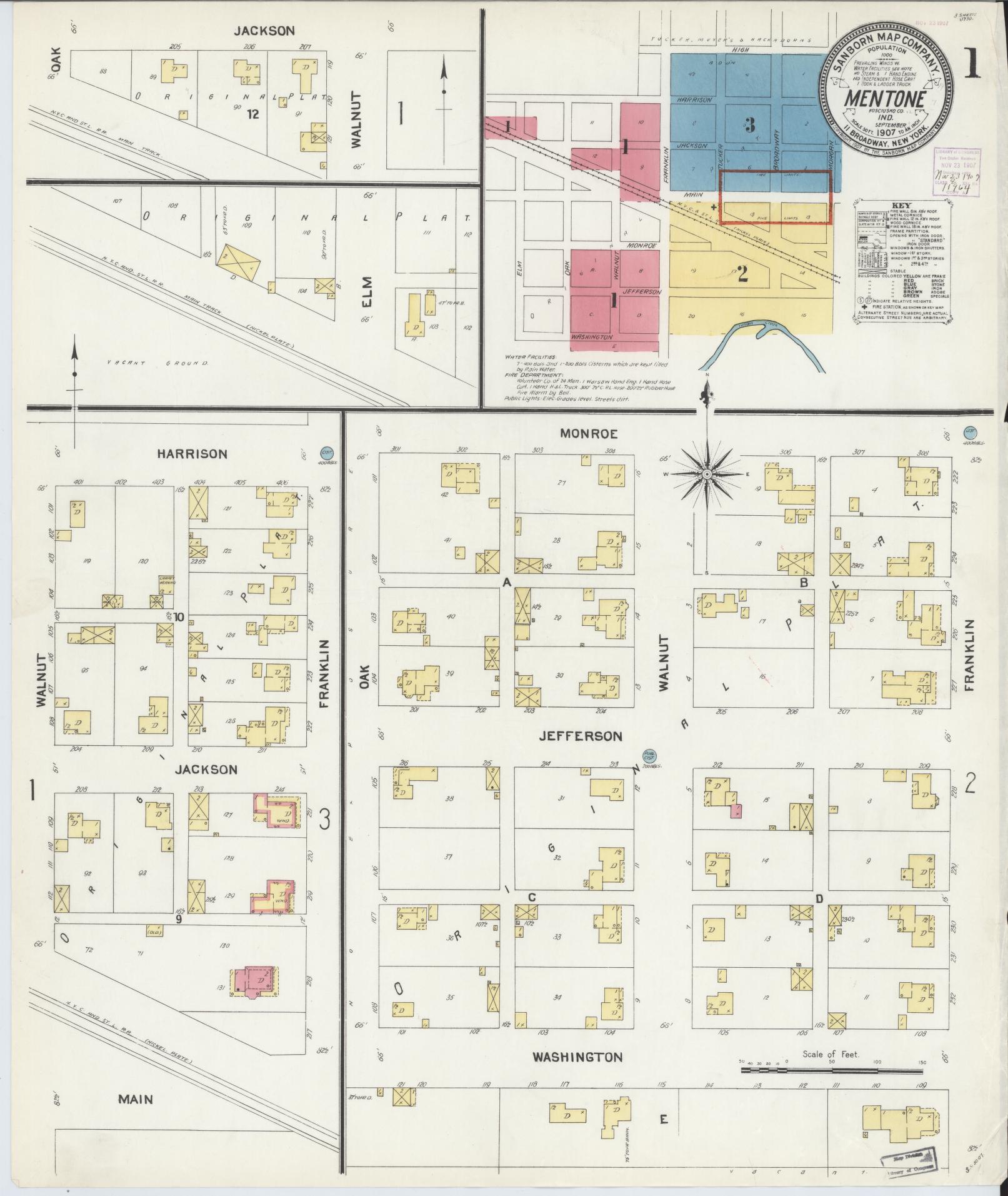 Sanborn Fire Insurance Map from Mentone, Kosciusko County, Indiana (1907), Sheet #0001 - Complete Map Set gallery image, historic Sanborn map, vintage wall art, Indiana Indiana