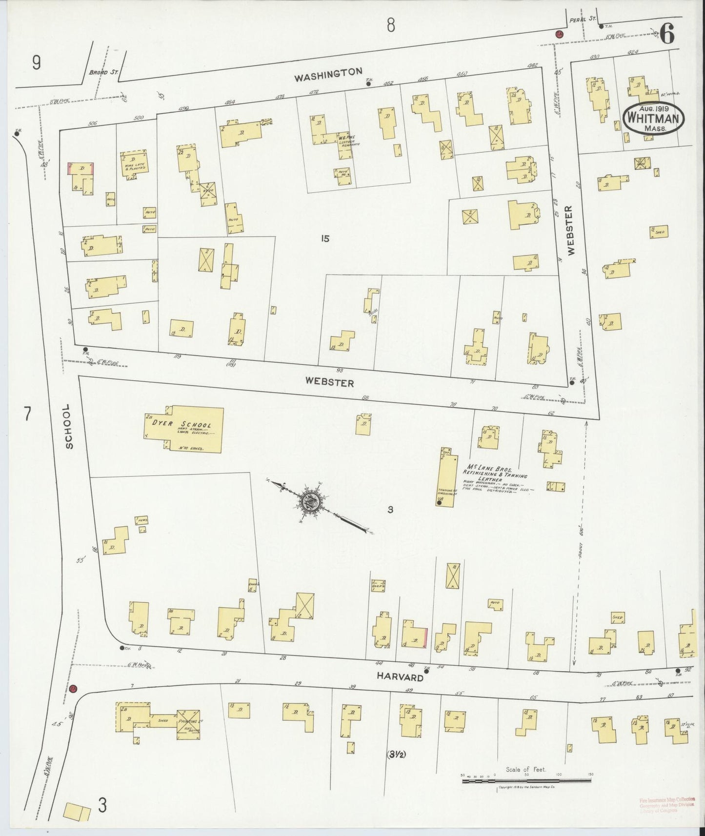 Sanborn Fire Insurance Map from Whitman, Plymouth County, Massachusetts (1919), Sheet #0006 - Complete Map Set gallery image, historic Sanborn map, vintage wall art, Massachusetts Massachusetts