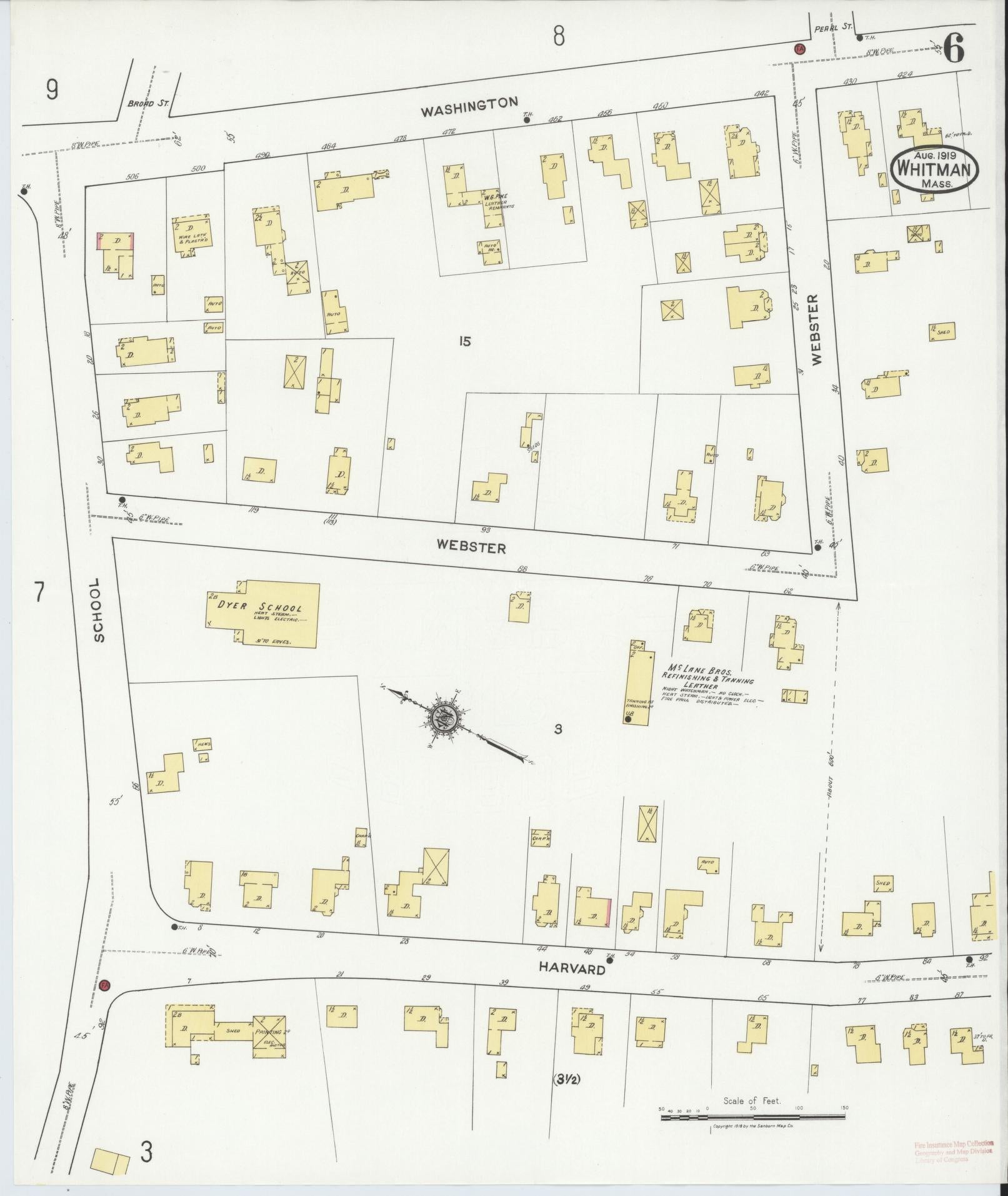 Sanborn Fire Insurance Map from Whitman, Plymouth County, Massachusetts (1919), Sheet #0006 - Complete Map Set gallery image, historic Sanborn map, vintage wall art, Massachusetts Massachusetts