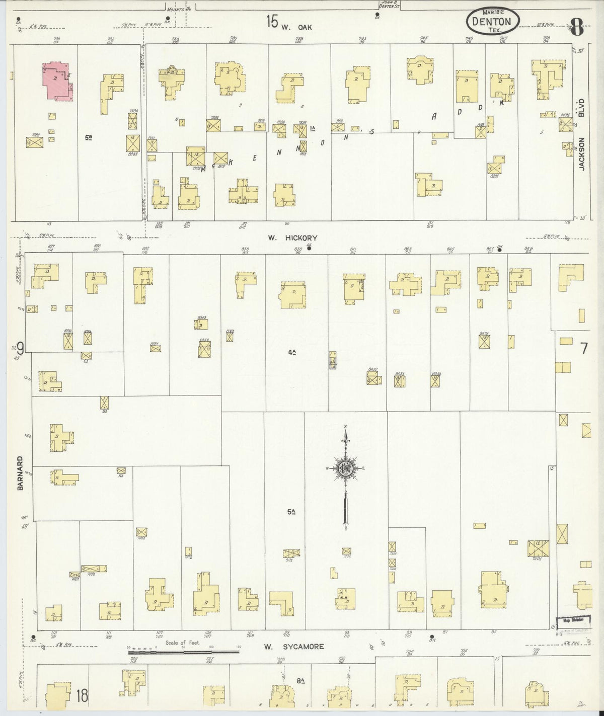 Sanborn Fire Insurance Map from Denton, Denton County, Texas (1912), Sheet #0008 - Historic Sanborn Fire Insurance Map Print, vintage old map wall art, antique decor, genealogy gift, Texas Texas map