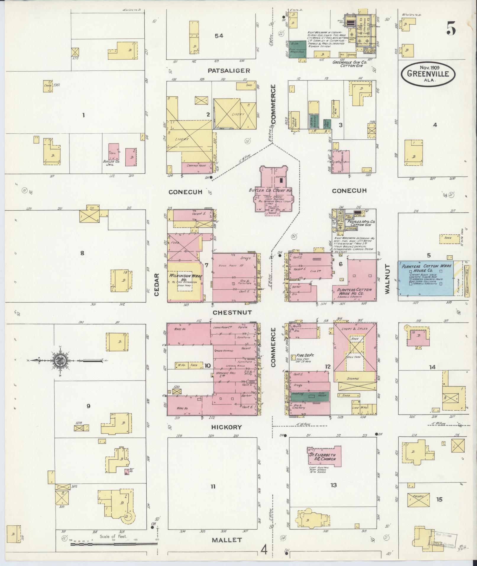 Sanborn Fire Insurance Map from Greenville, Butler County, Alabama (1909), Sheet #0005 - Historic Sanborn Fire Insurance Map Print, vintage old map wall art, antique decor, genealogy gift, Alabama Alabama map