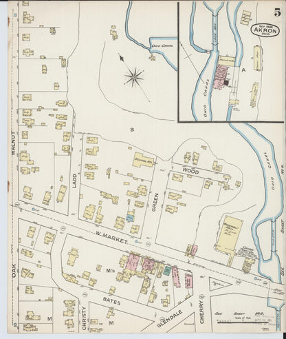 Sanborn Fire Insurance Map from Akron, Summit County, Ohio (1886), Sheet #0005 - Historic Sanborn Fire Insurance Map Print, vintage old map wall art, antique decor, genealogy gift, Ohio Ohio map